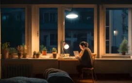 Eine freundliche, helle Aufnahme einer entspannten Person mittleren Alters vor einem Fenster, die mit einem modernen Laptop in einer stilvoll eingerichteten, warm beleuchteten Wohnung achtsam ihre E-Mails prüft und dabei konzentriert und sorgsam potenzielle Phishing-Nachrichten erkennt.