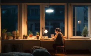 Eine freundliche, helle Aufnahme einer entspannten Person mittleren Alters vor einem Fenster, die mit einem modernen Laptop in einer stilvoll eingerichteten, warm beleuchteten Wohnung achtsam ihre E-Mails prüft und dabei konzentriert und sorgsam potenzielle Phishing-Nachrichten erkennt.