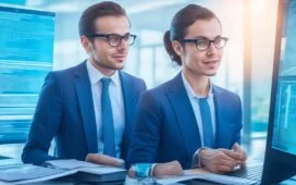 Ein heller, freundlicher Büroarbeitsplatz mit einem konzentrierten IT-Experten, der vor mehreren transparenten Bildschirmen mit digitalen Datenflüssen und Sicherheitssymbolen arbeitet, während warmes Tageslicht durch große Fenster fällt und eine Atmosphäre von Vertrauen, Innovation und technischer Präzision schafft.