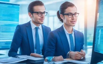 Ein heller, freundlicher Büroarbeitsplatz mit einem konzentrierten IT-Experten, der vor mehreren transparenten Bildschirmen mit digitalen Datenflüssen und Sicherheitssymbolen arbeitet, während warmes Tageslicht durch große Fenster fällt und eine Atmosphäre von Vertrauen, Innovation und technischer Präzision schafft.