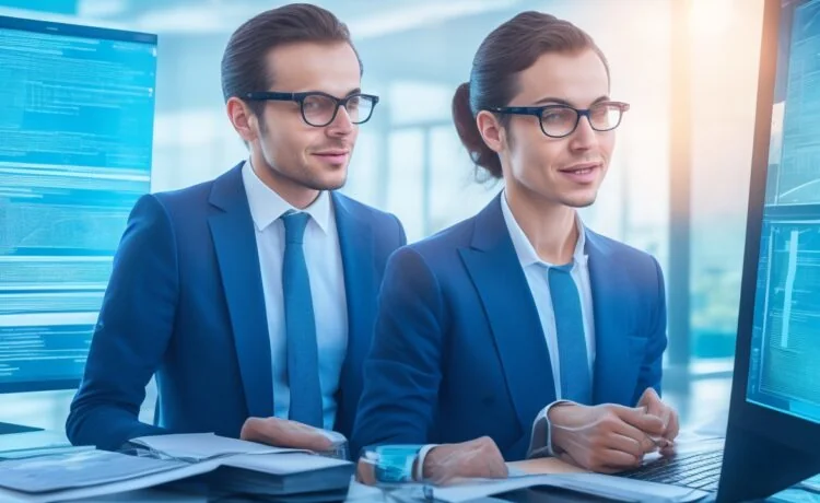 Ein heller, freundlicher Büroarbeitsplatz mit einem konzentrierten IT-Experten, der vor mehreren transparenten Bildschirmen mit digitalen Datenflüssen und Sicherheitssymbolen arbeitet, während warmes Tageslicht durch große Fenster fällt und eine Atmosphäre von Vertrauen, Innovation und technischer Präzision schafft.