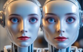 In einem modernen Labor voller natürlichem Tageslicht verschmelzen glänzende, modulare Roboterarme harmonisch miteinander, während Forscher:innen mit offenen, neugierigen Gesichtern die vielversprechende Zukunft autonomer, sich selbst verbessernder Maschinen voller Wärme und Zuversicht beobachten.