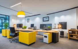 Ein warm beleuchtetes, modernes Büro mit lächelnden Webdesigner:innen und SEO-Spezialisten, die konzentriert an großen Bildschirmen mit klar strukturierten Webseitenlayouts arbeiten, wobei Tageslicht durch große Fenster fällt und eine freundliche, produktive Atmosphäre schafft.