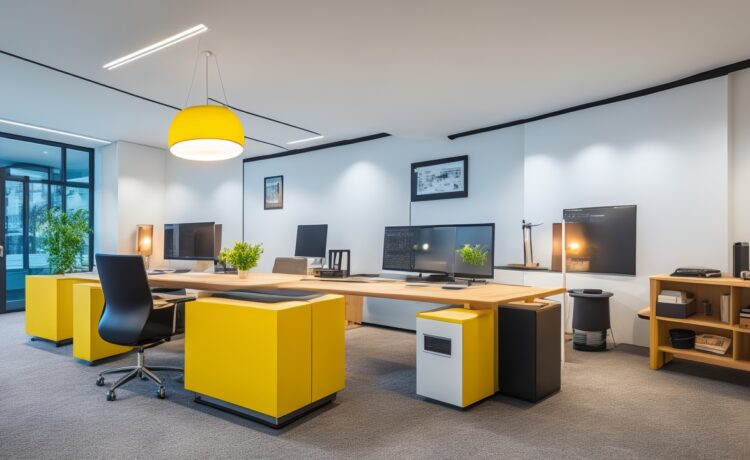 Ein warm beleuchtetes, modernes Büro mit lächelnden Webdesigner:innen und SEO-Spezialisten, die konzentriert an großen Bildschirmen mit klar strukturierten Webseitenlayouts arbeiten, wobei Tageslicht durch große Fenster fällt und eine freundliche, produktive Atmosphäre schafft.