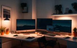 Ein warm erleuchtetes modernes Büro mit einem aufgeschlagenen Laptop, auf dessen Bildschirm ein farbenfrohes, schnell ladendes Weblayout mit optimierten Bildern zu sehen ist, während natürliches Tageslicht sanft durch große Fenster fällt und eine freundliche, produktive Atmosphäre schafft.