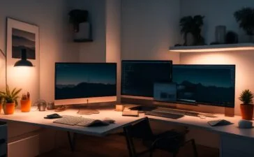 Ein warm erleuchtetes modernes Büro mit einem aufgeschlagenen Laptop, auf dessen Bildschirm ein farbenfrohes, schnell ladendes Weblayout mit optimierten Bildern zu sehen ist, während natürliches Tageslicht sanft durch große Fenster fällt und eine freundliche, produktive Atmosphäre schafft.