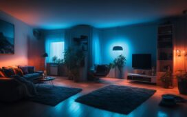 Ein hell erleuchtetes, modernes Wohnzimmer mit einem lächelnden jungen Kreativen vor einem großen Bildschirm, der digitale Serienkonzepte in einer warmen, freundlichen Atmosphäre präsentiert, umgeben von Notizblöcken, einem Mikrofon und Pflanzen – eine harmonische Szenerie, die die lebendige Zukunft von KI-gesteuertem Streaming und innovativer Medienproduktion lebendig einfängt.