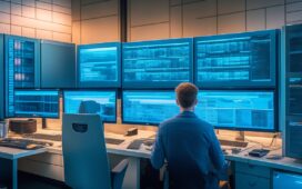 Ein hell erleuchteter, moderner Arbeitsplatz mit einem konzentriert arbeitenden IT-Experten vor mehreren Bildschirmen, die komplexe Server- und Sicherheitsdaten in warmem Tageslicht und mit klaren, realistischen Details zeigen, während ein Gefühl von Zuversicht und Schutz die Szene durchdringt.