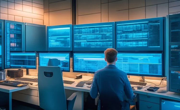 Ein hell erleuchteter, moderner Arbeitsplatz mit einem konzentriert arbeitenden IT-Experten vor mehreren Bildschirmen, die komplexe Server- und Sicherheitsdaten in warmem Tageslicht und mit klaren, realistischen Details zeigen, während ein Gefühl von Zuversicht und Schutz die Szene durchdringt.