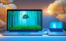 Eine helle, natürlich beleuchtete Redaktionsszene mit einem lächelnden Menschen vor einem modernen Laptop, der entspannt und zuversichtlich das sichere Surfen im Web symbolisiert, umgeben von warmen Holztönen und sanft einfallendem Tageslicht, das eine Atmosphäre von Vertrauen, Schutz und digitaler Sicherheit schafft.
