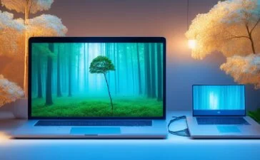 Eine helle, natürlich beleuchtete Redaktionsszene mit einem lächelnden Menschen vor einem modernen Laptop, der entspannt und zuversichtlich das sichere Surfen im Web symbolisiert, umgeben von warmen Holztönen und sanft einfallendem Tageslicht, das eine Atmosphäre von Vertrauen, Schutz und digitaler Sicherheit schafft.