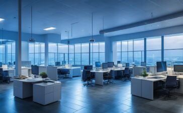 Ein hell erleuchtetes, modernes Büro mit einer entspannten Person, die konzentriert vor mehreren Bildschirmen mit komplexen Codes und Grafiken sitzt, während warmes Tageslicht durch große Fenster fällt und eine Atmosphäre von technologischem Fortschritt und verantwortungsbewusstem Umgang mit KI-Sicherheit schafft.