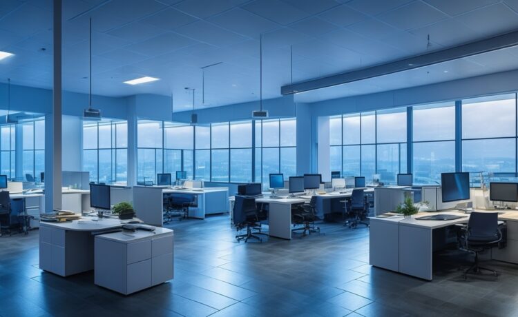 Ein hell erleuchtetes, modernes Büro mit einer entspannten Person, die konzentriert vor mehreren Bildschirmen mit komplexen Codes und Grafiken sitzt, während warmes Tageslicht durch große Fenster fällt und eine Atmosphäre von technologischem Fortschritt und verantwortungsbewusstem Umgang mit KI-Sicherheit schafft.