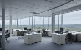 Ein hell erleuchtetes, modernes Büro mit einem konzentrierten Mitarbeiter, der sorgsam auf einem Bildschirm sensible Daten überprüft, während warme Sonnenstrahlen sanft durch das Fenster fallen und eine Atmosphäre von Verantwortung und Vertrauen vermitteln.