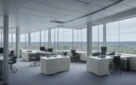 Ein hell erleuchtetes, modernes Büro mit einem konzentrierten Mitarbeiter, der sorgsam auf einem Bildschirm sensible Daten überprüft, während warme Sonnenstrahlen sanft durch das Fenster fallen und eine Atmosphäre von Verantwortung und Vertrauen vermitteln.