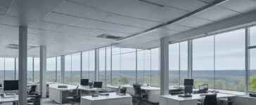 Ein hell erleuchtetes, modernes Büro mit einem konzentrierten Mitarbeiter, der sorgsam auf einem Bildschirm sensible Daten überprüft, während warme Sonnenstrahlen sanft durch das Fenster fallen und eine Atmosphäre von Verantwortung und Vertrauen vermitteln.