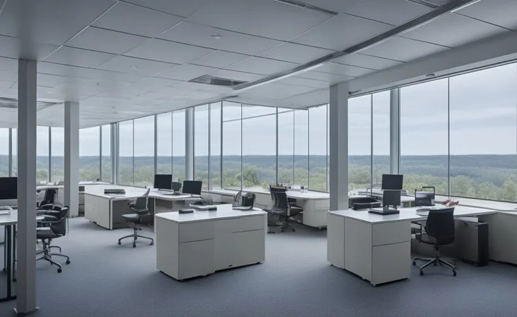 Ein hell erleuchtetes, modernes Büro mit einem konzentrierten Mitarbeiter, der sorgsam auf einem Bildschirm sensible Daten überprüft, während warme Sonnenstrahlen sanft durch das Fenster fallen und eine Atmosphäre von Verantwortung und Vertrauen vermitteln.