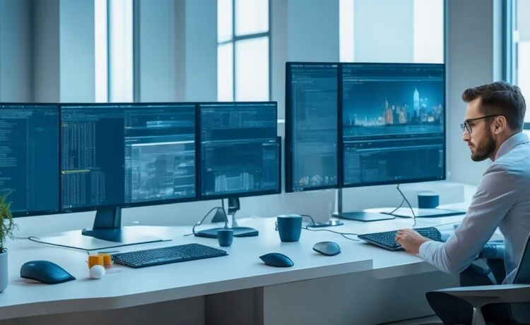 Ein helles, freundlich-gestimmtes Büro mit großen Fenstern, durch die warmes Tageslicht fällt, während ein konzentrierter Entwickler an einem modernen Laptop arbeitet und im Hintergrund dezent Code und Sicherheitsdiagramme auf einem Bildschirm zu erkennen sind – ein Sinnbild für verantwortungsbewusste IT-Sicherheit und vertrauensvolle digitale Zusammenarbeit.