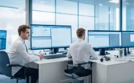 Ein sonnendurchfluteter, moderner IT-Arbeitsplatz mit konzentriert lächelnden Fachleuten, die gemeinsam an Sicherheitssystemen arbeiten, umgeben von Bildschirmen mit komplexen Daten und warmem Tageslicht, das eine vertrauensvolle und proaktive Atmosphäre der Cybersicherheit und Zusammenarbeit vermittelt.