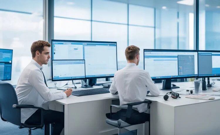 Ein sonnendurchfluteter, moderner IT-Arbeitsplatz mit konzentriert lächelnden Fachleuten, die gemeinsam an Sicherheitssystemen arbeiten, umgeben von Bildschirmen mit komplexen Daten und warmem Tageslicht, das eine vertrauensvolle und proaktive Atmosphäre der Cybersicherheit und Zusammenarbeit vermittelt.