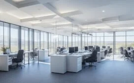 Ein lichtdurchflutetes, modernes Büro mit konzentrierten IT-Professionals vor mehreren Bildschirmen, die lebhaft in einer freundlichen Atmosphäre zusammenarbeiten, während warmes Sonnenlicht durch große Fenster fällt und Sicherheit sowie Innovation im Data-Management symbolisiert.