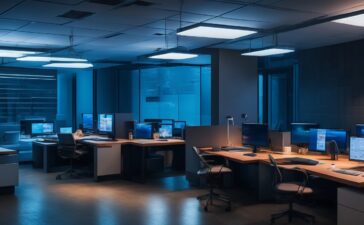 In einem hell erleuchteten, modernen Büro strahlen engagierte IT-Sicherheitsexperten bei natürlichem Tageslicht warm in die Kamera, während sie konzentriert an Laptops und Bildschirmen arbeiten und so lebendig den entschlossenen Kampf gegen digitale Sicherheitslücken und die Verantwortung in der Unternehmenssoftware symbolisieren.