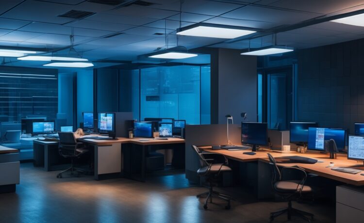 In einem hell erleuchteten, modernen Büro strahlen engagierte IT-Sicherheitsexperten bei natürlichem Tageslicht warm in die Kamera, während sie konzentriert an Laptops und Bildschirmen arbeiten und so lebendig den entschlossenen Kampf gegen digitale Sicherheitslücken und die Verantwortung in der Unternehmenssoftware symbolisieren.