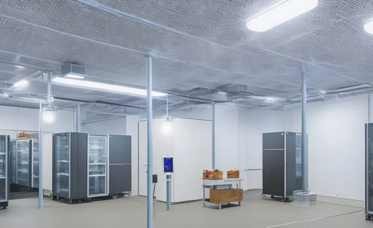 Ein warm ausgeleuchteter, moderner Serverraum mit klar strukturierten Elektroinstallationen und leuchtenden Kontrolllampen, in dem technisches Fachpersonal aufmerksam und konzentriert die Sicherheitsstandards der VDE-Normen überprüft, eingebettet in eine harmonische Atmosphäre aus natürlichem Tageslicht und funktionaler Eleganz.