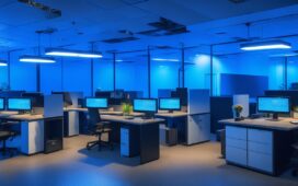 Ein hell erleuchtetes, modernes Büro mit entspannten Webentwicklern und Admins, die mit natürlichem Tageslicht ihre Laptops und Server-Setups studieren, umgeben von warmen Holzelementen und sanften Farben, die eine Atmosphäre von Vertrauen, Fortschritt und technischer Sicherheit ausstrahlen.