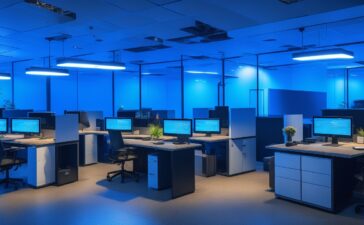 Ein hell erleuchtetes, modernes Büro mit entspannten Webentwicklern und Admins, die mit natürlichem Tageslicht ihre Laptops und Server-Setups studieren, umgeben von warmen Holzelementen und sanften Farben, die eine Atmosphäre von Vertrauen, Fortschritt und technischer Sicherheit ausstrahlen.