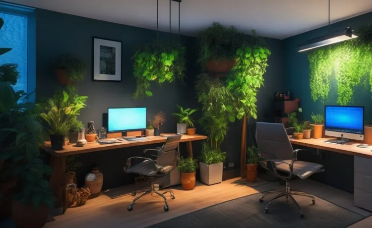 Ein hell erleuchtetes, modernes Arbeitszimmer mit einem fokussierten Entwickler vor mehreren Bildschirmen, die komplexe Codezeilen in Angular anzeigen, umgeben von natürlichen Pflanzen und warmem Tageslicht, das eine freundliche und motivierende Atmosphäre der Innovation und Konzentration schafft.
