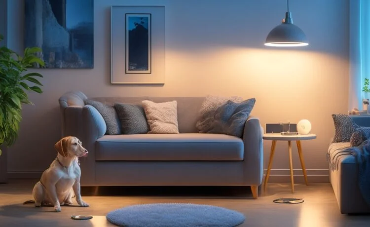 In einem sonnendurchfluteten Wohnzimmer sitzt ein moderner, lebensecht designter Roboterhund mit warm leuchtenden LED-Augen entspannt neben einer lächelnden Familie unterschiedlicher Generationen, die liebevoll und neugierig ihre intelligente KI-Begleitung umringen – ein harmonisches Bild von Technologie und menschlicher Nähe in natürlichem Licht.