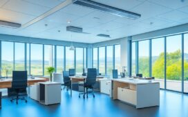 Ein lichtdurchflutetes, modernes Büro mit einem konzentrierten IT-Experten mittleren Alters, der vor mehreren Bildschirmen voller Datenanalysen und smarten Geräten sitzt, während warme Sonnenstrahlen durch große Fenster fallen und eine Atmosphäre aus Vertrauen und verantwortungsvoller Wachsamkeit ausstrahlen.