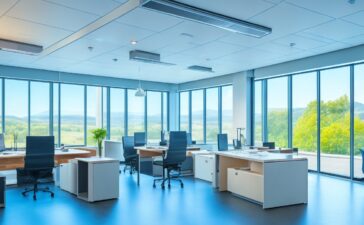 Ein lichtdurchflutetes, modernes Büro mit einem konzentrierten IT-Experten mittleren Alters, der vor mehreren Bildschirmen voller Datenanalysen und smarten Geräten sitzt, während warme Sonnenstrahlen durch große Fenster fallen und eine Atmosphäre aus Vertrauen und verantwortungsvoller Wachsamkeit ausstrahlen.