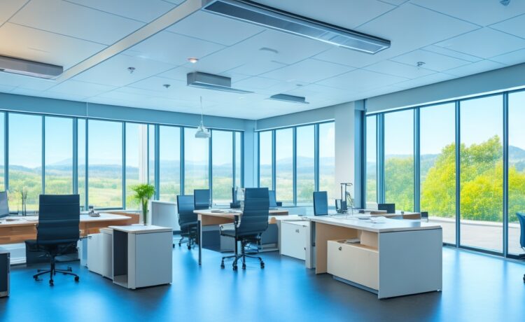 Ein lichtdurchflutetes, modernes Büro mit einem konzentrierten IT-Experten mittleren Alters, der vor mehreren Bildschirmen voller Datenanalysen und smarten Geräten sitzt, während warme Sonnenstrahlen durch große Fenster fallen und eine Atmosphäre aus Vertrauen und verantwortungsvoller Wachsamkeit ausstrahlen.