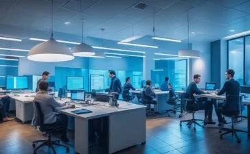 Ein warm erleuchtetes Büro mit einem freundlichen Entwicklerteam, das konzentriert auf hellen Bildschirmen mit Code arbeitet, umgeben von natürlichem Tageslicht und einer Atmosphäre von Innovation, Zusammenarbeit und ehrlicher Neugier im Zeitalter der KI-gestützten Softwareentwicklung.