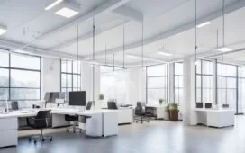 Ein warm beleuchtetes, modernes Büro mit einem fokussierten Softwarearchitekten mittleren Alters, umgeben von mehreren Bildschirmen mit komplexen Datenvisualisierungen und KI-Diagrammen, während natürliches Tageslicht durch große Fenster fällt und eine inspirierende, produktive Atmosphäre schafft.