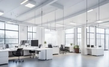 Ein warm beleuchtetes, modernes Büro mit einem fokussierten Softwarearchitekten mittleren Alters, umgeben von mehreren Bildschirmen mit komplexen Datenvisualisierungen und KI-Diagrammen, während natürliches Tageslicht durch große Fenster fällt und eine inspirierende, produktive Atmosphäre schafft.