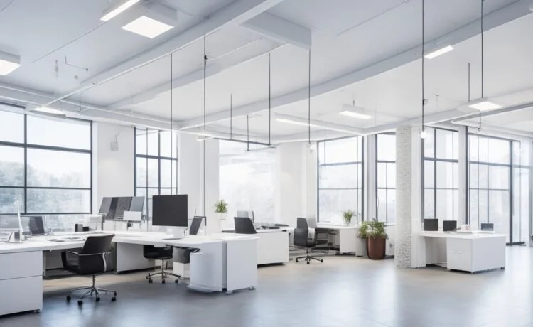 Ein warm beleuchtetes, modernes Büro mit einem fokussierten Softwarearchitekten mittleren Alters, umgeben von mehreren Bildschirmen mit komplexen Datenvisualisierungen und KI-Diagrammen, während natürliches Tageslicht durch große Fenster fällt und eine inspirierende, produktive Atmosphäre schafft.