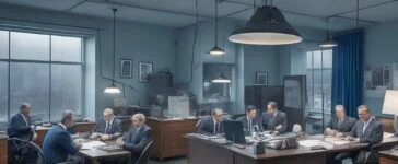 Ein freundliches, hell erleuchtetes Büro mit einer aufmerksamen, vielseitigen Gruppe von Menschen verschiedenen Alters und Herkunft, die in lebhafter Diskussion um einen großen Bildschirm versammelt sind, auf dem komplexe Datenströme und Netzwerksymbole zu erkennen sind – die warme Sonnenstrahlung fällt sanft durch die Fenster und schafft eine einladende Atmosphäre von Offenheit, Zusammenarbeit und verantwortungsvoller Digitalisierung.