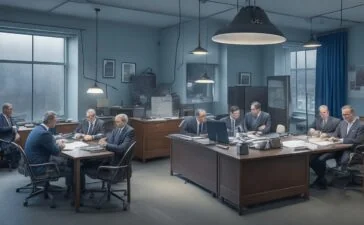 Ein freundliches, hell erleuchtetes Büro mit einer aufmerksamen, vielseitigen Gruppe von Menschen verschiedenen Alters und Herkunft, die in lebhafter Diskussion um einen großen Bildschirm versammelt sind, auf dem komplexe Datenströme und Netzwerksymbole zu erkennen sind – die warme Sonnenstrahlung fällt sanft durch die Fenster und schafft eine einladende Atmosphäre von Offenheit, Zusammenarbeit und verantwortungsvoller Digitalisierung.