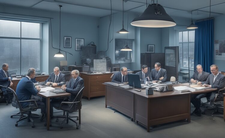 Ein freundliches, hell erleuchtetes Büro mit einer aufmerksamen, vielseitigen Gruppe von Menschen verschiedenen Alters und Herkunft, die in lebhafter Diskussion um einen großen Bildschirm versammelt sind, auf dem komplexe Datenströme und Netzwerksymbole zu erkennen sind – die warme Sonnenstrahlung fällt sanft durch die Fenster und schafft eine einladende Atmosphäre von Offenheit, Zusammenarbeit und verantwortungsvoller Digitalisierung.