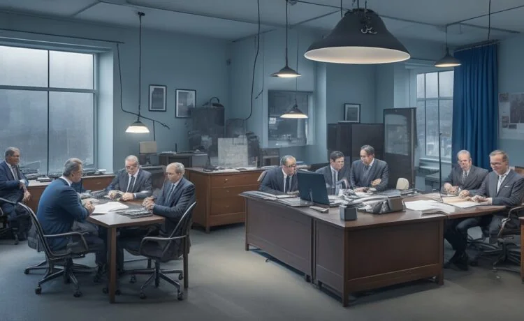 Ein freundliches, hell erleuchtetes Büro mit einer aufmerksamen, vielseitigen Gruppe von Menschen verschiedenen Alters und Herkunft, die in lebhafter Diskussion um einen großen Bildschirm versammelt sind, auf dem komplexe Datenströme und Netzwerksymbole zu erkennen sind – die warme Sonnenstrahlung fällt sanft durch die Fenster und schafft eine einladende Atmosphäre von Offenheit, Zusammenarbeit und verantwortungsvoller Digitalisierung.