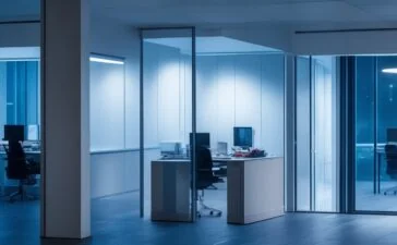 In einem hell erleuchteten, modernen Büro sitzt eine freundliche Person entspannt vor mehreren Bildschirmen mit digitalen Netzwerkgrafiken, während warmes Tageslicht durch große Fenster fällt und eine Atmosphäre von Offenheit und kontrollierter Vernetzung vermittelt.