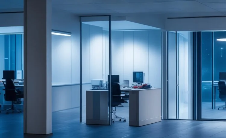 In einem hell erleuchteten, modernen Büro sitzt eine freundliche Person entspannt vor mehreren Bildschirmen mit digitalen Netzwerkgrafiken, während warmes Tageslicht durch große Fenster fällt und eine Atmosphäre von Offenheit und kontrollierter Vernetzung vermittelt.