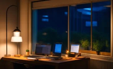 Ein hell erleuchteter, moderner Arbeitsbereich zu Hause mit einem aufgeräumten Schreibtisch, auf dem ein leistungsstarker Laptop läuft, umgeben von warmem Tageslicht, das durch ein Fenster fällt, während eine entspannte Person aufmerksam und zufrieden am Computer arbeitet und so die selbstbestimmte Nutzung von KI-Technologie mit Fokus auf Datenschutz und Leistung symbolisiert.