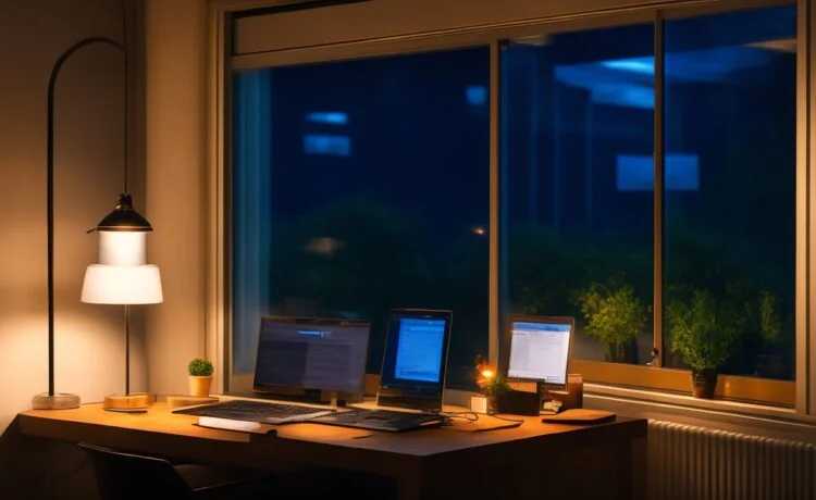 Ein hell erleuchteter, moderner Arbeitsbereich zu Hause mit einem aufgeräumten Schreibtisch, auf dem ein leistungsstarker Laptop läuft, umgeben von warmem Tageslicht, das durch ein Fenster fällt, während eine entspannte Person aufmerksam und zufrieden am Computer arbeitet und so die selbstbestimmte Nutzung von KI-Technologie mit Fokus auf Datenschutz und Leistung symbolisiert.