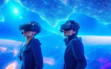 Ein hell erleuchtetes, realistisch eingerichtetes Raumschiff-Innenleben mit warmen Lichtakzenten, das eine konzentrierte Person in futuristischer VR-Brille zeigt, die gespannt in ein Hologramm eintaucht – eine spannende Mischung aus technologischer Innovation und menschlicher Emotion in einem freundlichen, atmosphärischen Setting.