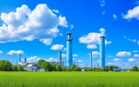 Eine sonnenbeschienene, moderne Industrieanlage in Sachsen-Anhalt, vor einem klaren blauen Himmel, mit grünen Flächen und Solarzellen im Vordergrund, die durch warmes, natürliches Licht eine einladende Atmosphäre voller Zukunftsoptimismus und digitaler Transformation ausstrahlt.