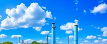 Eine sonnenbeschienene, moderne Industrieanlage in Sachsen-Anhalt, vor einem klaren blauen Himmel, mit grünen Flächen und Solarzellen im Vordergrund, die durch warmes, natürliches Licht eine einladende Atmosphäre voller Zukunftsoptimismus und digitaler Transformation ausstrahlt.